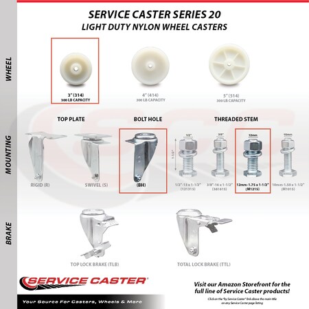 Service Caster 3 Inch SS Nylon Wheel Swivel 12mm Threaded Stem Caster Wheel SCC-SSTS20S314-NYS-M1215